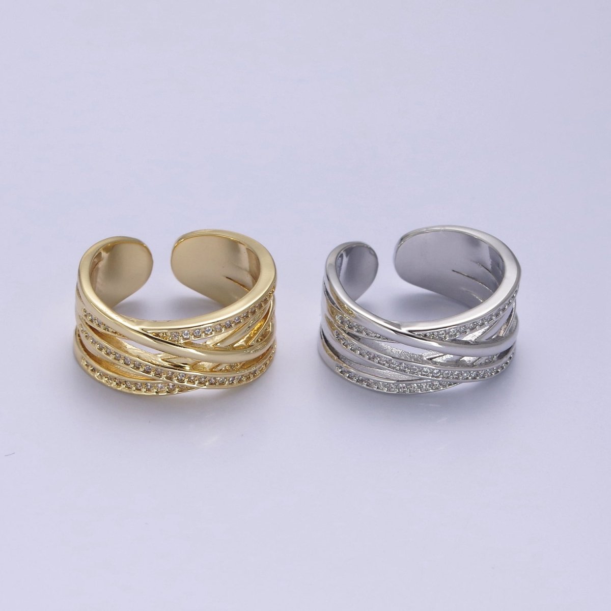 24K Gold Filled Three Layers Micro Pave Cubic Zirconia CZ Adjustable Ring in Gold &amp; Silver, Thick Statement Ring S-350 S-351