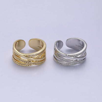 24K Gold Filled Three Layers Micro Pave Cubic Zirconia CZ Adjustable Ring in Gold &amp; Silver, Thick Statement Ring S-350 S-351