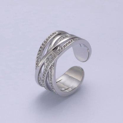 24K Gold Filled Three Layers Micro Pave Cubic Zirconia CZ Adjustable Ring in Gold &amp; Silver, Thick Statement Ring S-350 S-351