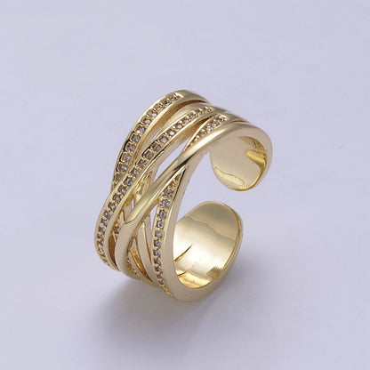24K Gold Filled Three Layers Micro Pave Cubic Zirconia CZ Adjustable Ring in Gold &amp; Silver, Thick Statement Ring S-350 S-351