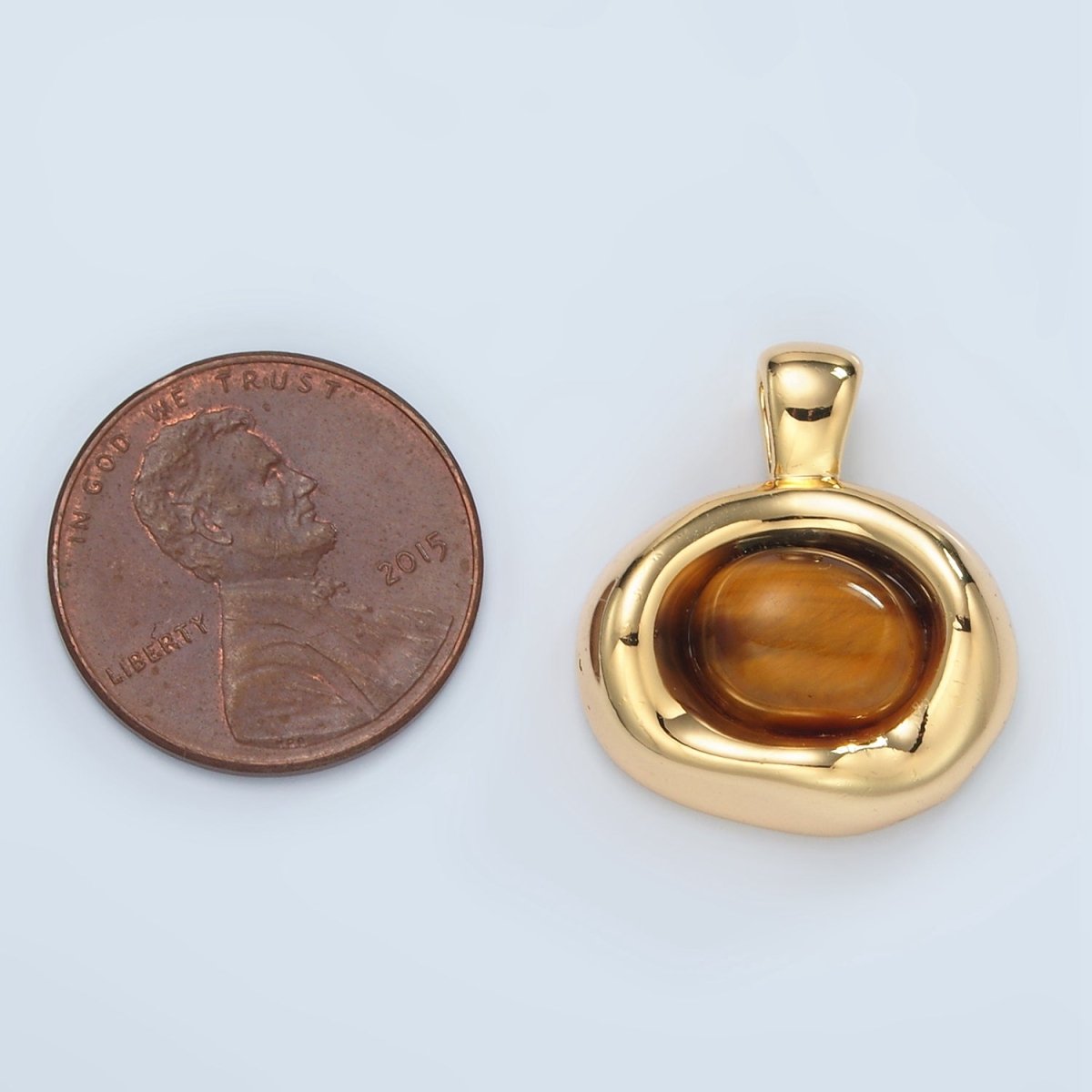24K Gold Filled Tiger Eye Cabochon Gemstone Oval Molten Bezel Pendant | H876