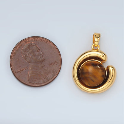24K Gold Filled Tiger Eye Gemstone Round Curved Bezel Pendant | H809