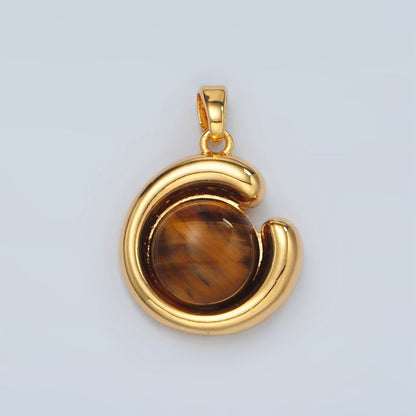 24K Gold Filled Tiger Eye Gemstone Round Curved Bezel Pendant | H809