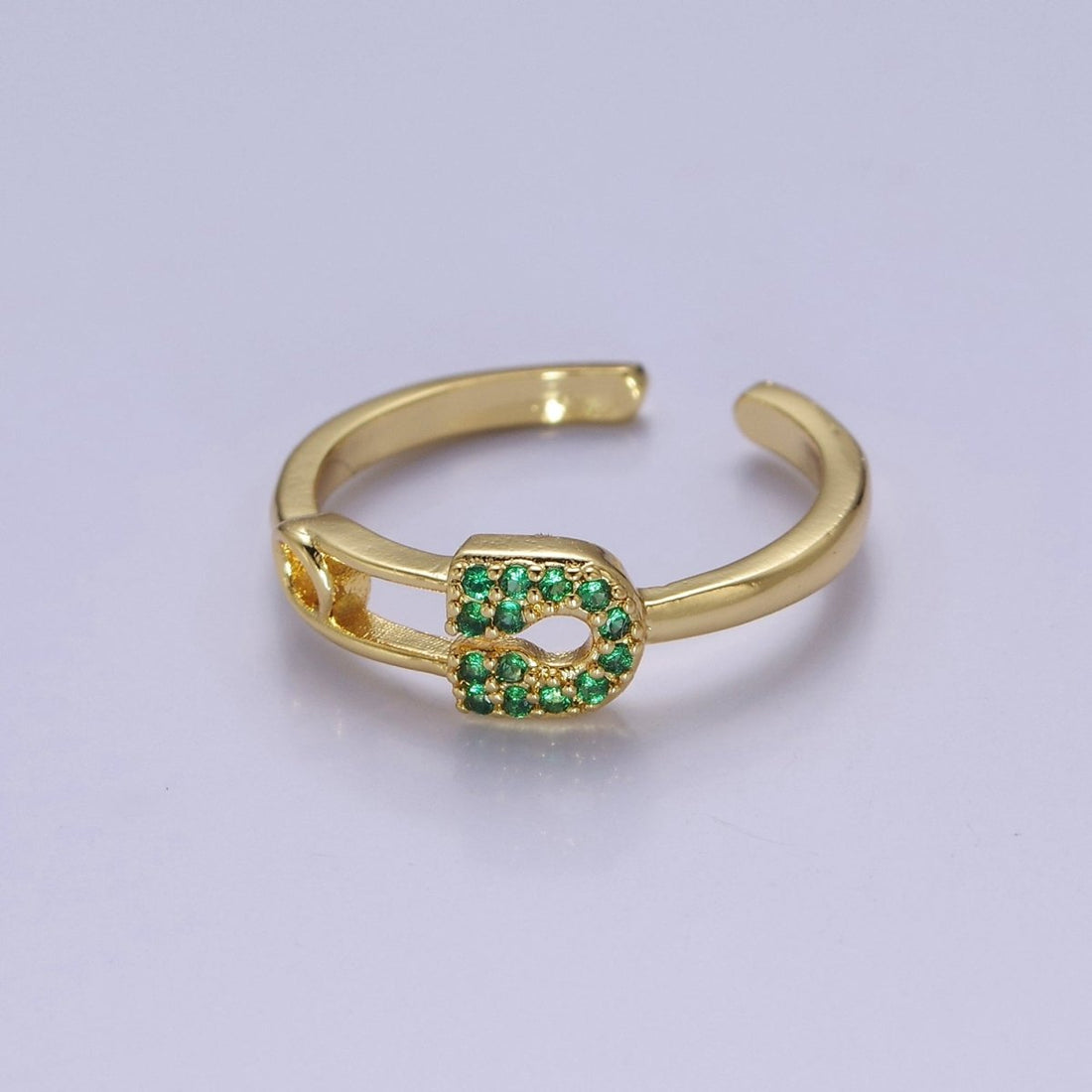 24k Gold Filled Tiny Safety Pin Ring | Emerald Green Micro Pave Dainty Ring O-2179