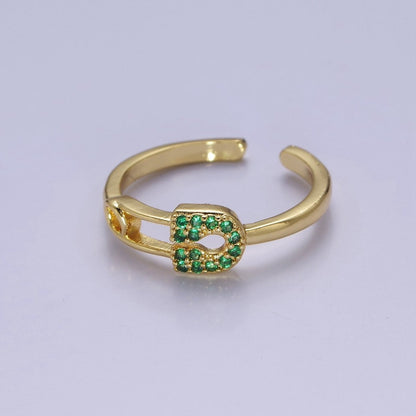 24k Gold Filled Tiny Safety Pin Ring | Emerald Green Micro Pave Dainty Ring O-2179