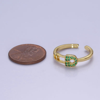24k Gold Filled Tiny Safety Pin Ring | Emerald Green Micro Pave Dainty Ring O-2179