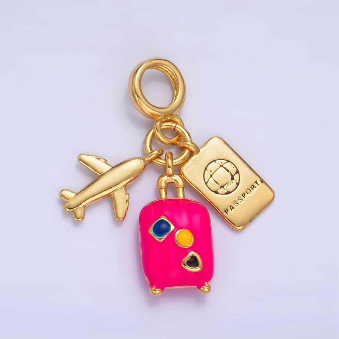 24K Gold Filled Travel Luggage Passport Airplane Multidimensional Rhondelle Drop Charm | AG826