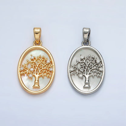 24K Gold Filled Tree CZ Shell Pearl Bezel Oval Pendant in Gold &amp; Silver | AA1525