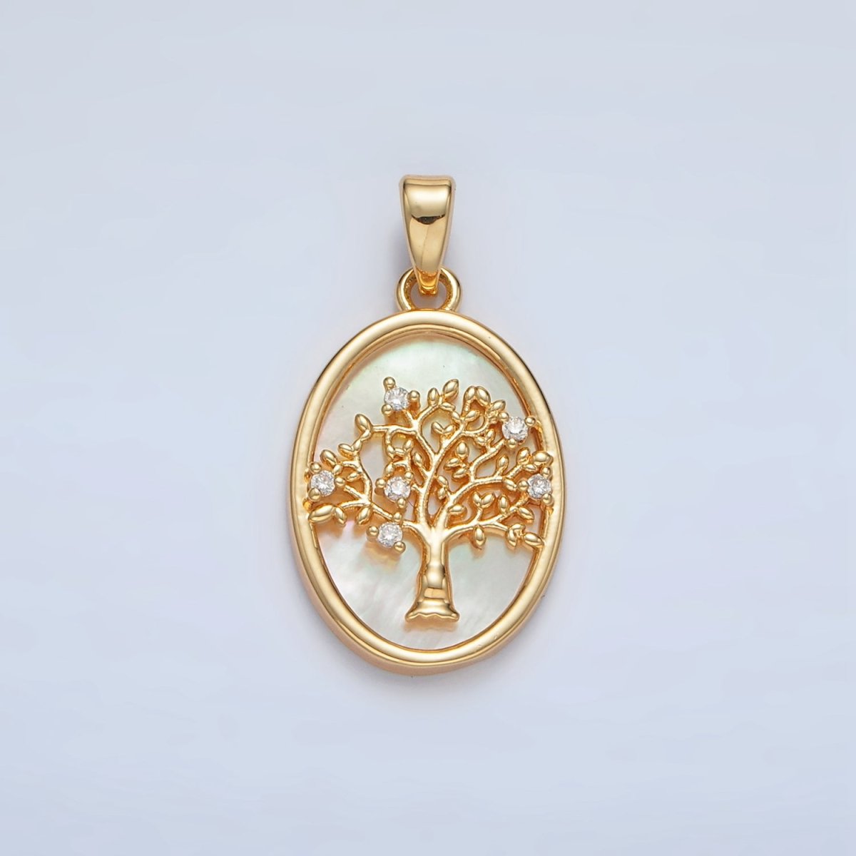 24K Gold Filled Tree CZ Shell Pearl Bezel Oval Pendant in Gold &amp; Silver | AA1525
