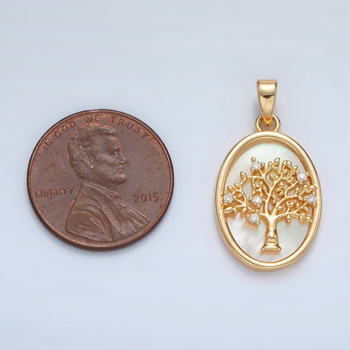 24K Gold Filled Tree CZ Shell Pearl Bezel Oval Pendant in Gold &amp; Silver | AA1525