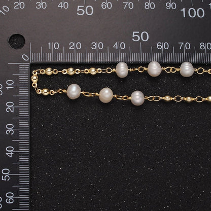 24K Gold Filled Triple Button Triple Freshwater Pearl Multiple Bead Unfinished Chain For Jewelry Making | ROLL-1406 Clearance Pricing