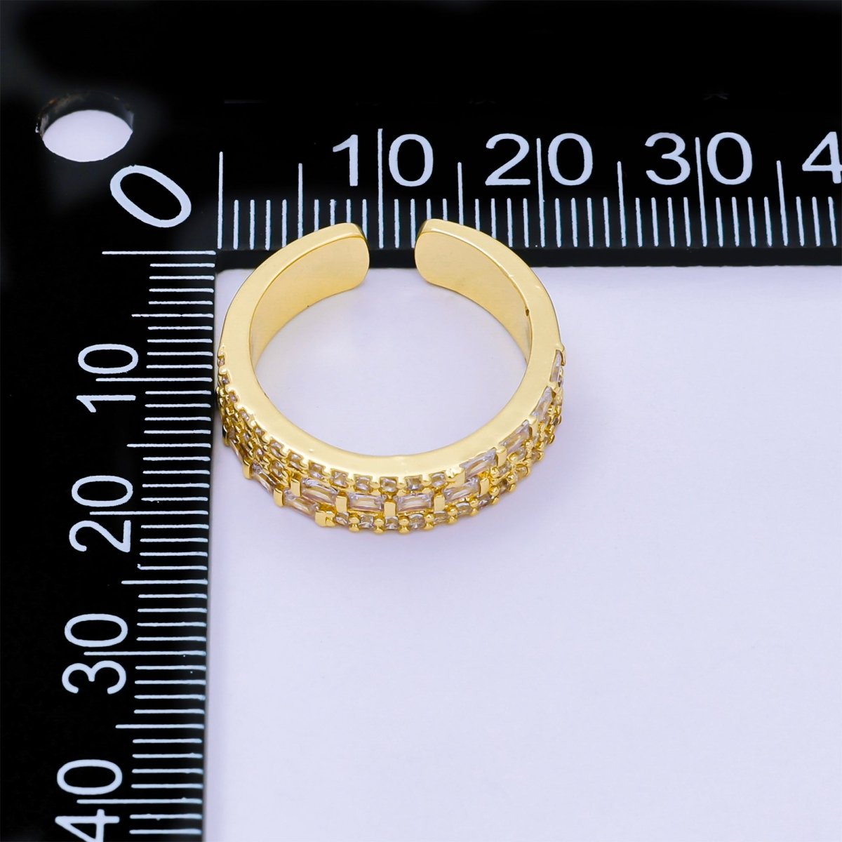 24K Gold Filled Triple-Layered Clear Baguette &amp; Micro Paved CZ Cluster Adjustable Ring | O-1485