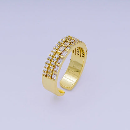 24K Gold Filled Triple-Layered Clear Baguette &amp; Micro Paved CZ Cluster Adjustable Ring | O-1485