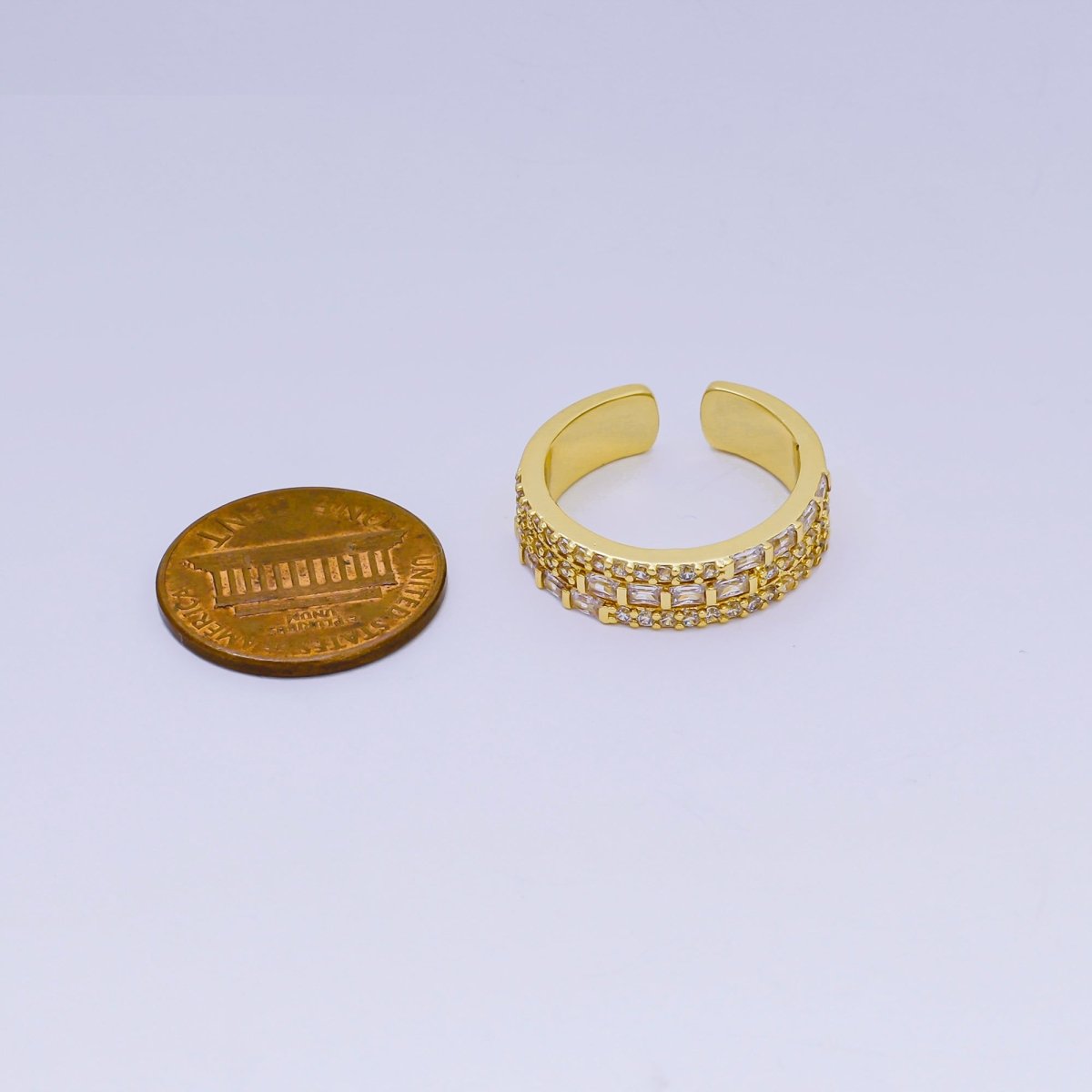 24K Gold Filled Triple-Layered Clear Baguette &amp; Micro Paved CZ Cluster Adjustable Ring | O-1485