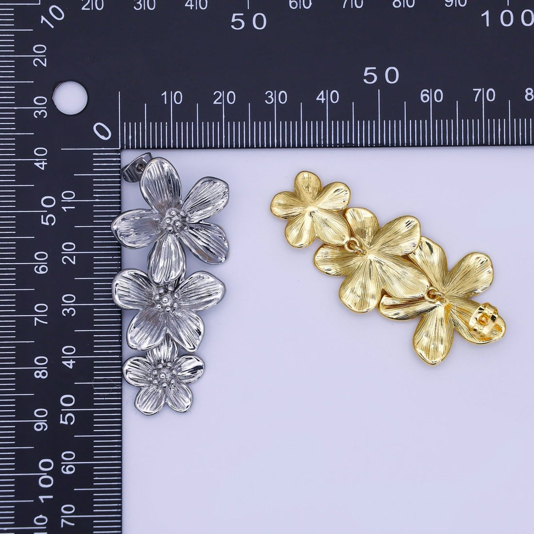 24K Gold Filled Triple Lined Flower Drop Stud Earrings in Gold &amp; Silver | AE368 T175
