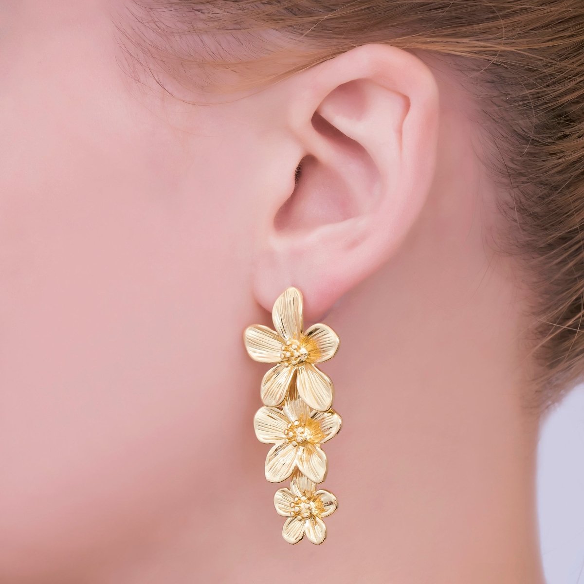 24K Gold Filled Triple Lined Flower Drop Stud Earrings in Gold &amp; Silver | AE368 T175