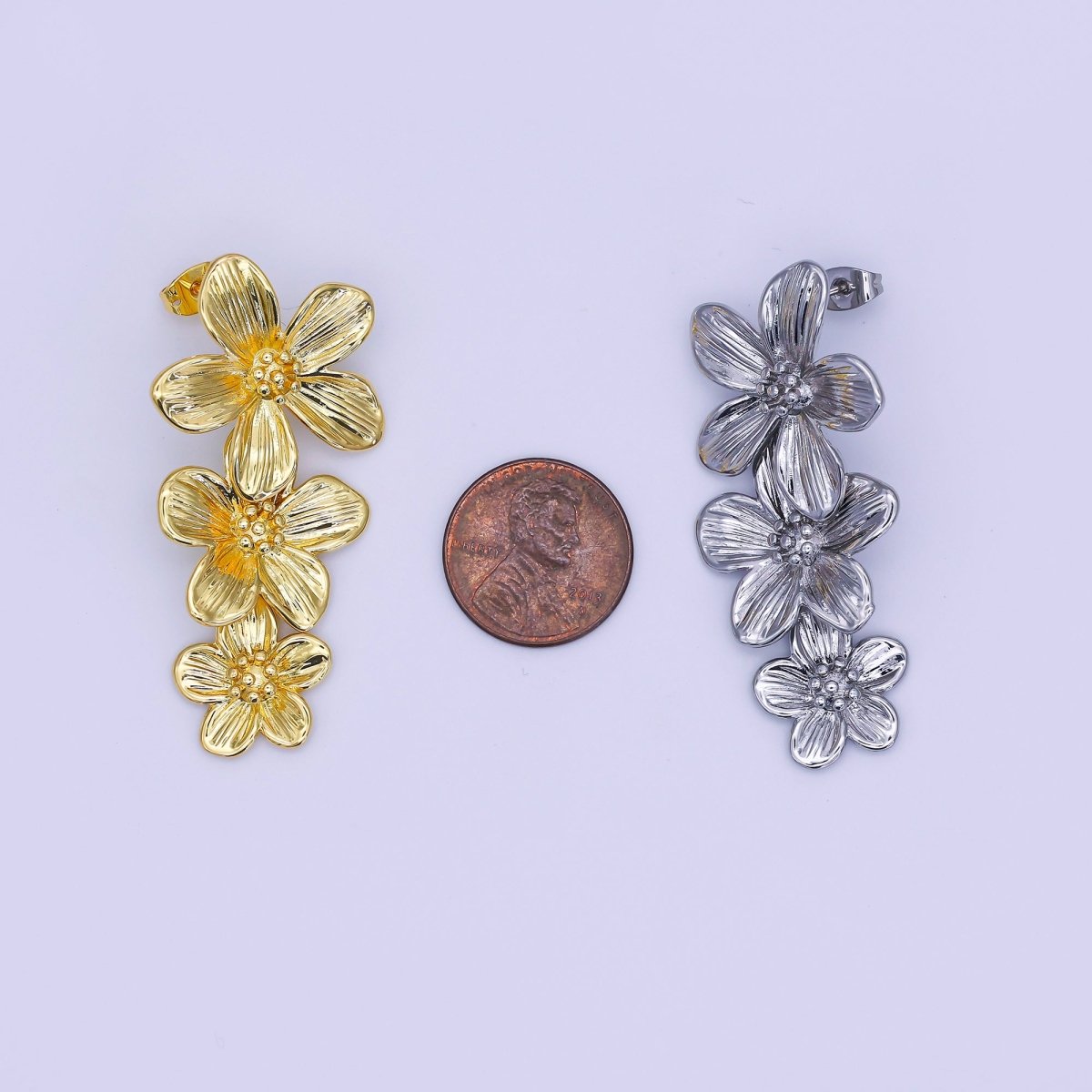 24K Gold Filled Triple Lined Flower Drop Stud Earrings in Gold &amp; Silver | AE368 T175