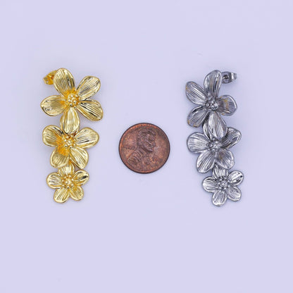 24K Gold Filled Triple Lined Flower Drop Stud Earrings in Gold &amp; Silver | AE368 T175