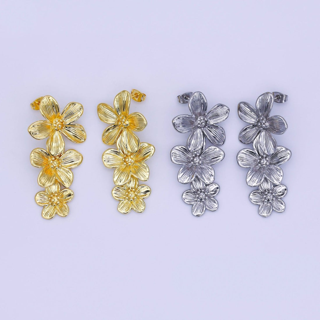 24K Gold Filled Triple Lined Flower Drop Stud Earrings in Gold &amp; Silver | AE368 T175