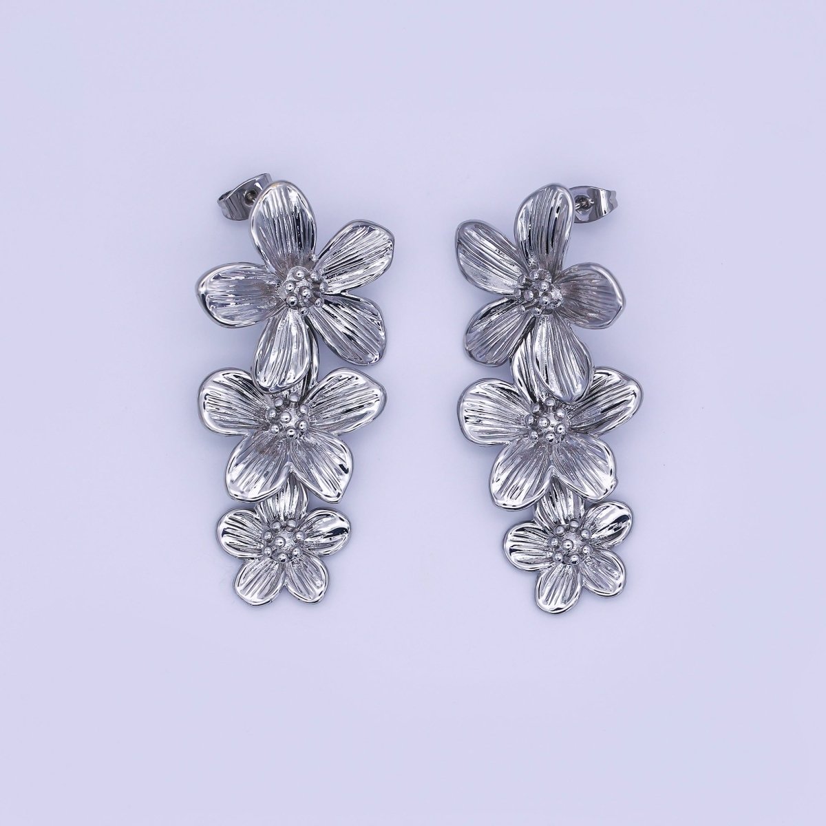 24K Gold Filled Triple Lined Flower Drop Stud Earrings in Gold &amp; Silver | AE368 T175