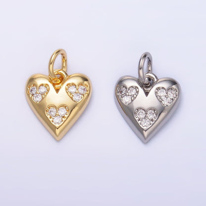 24K Gold Filled Triple Micro Paved CZ Heart Charm in Gold &amp; Silver | C475