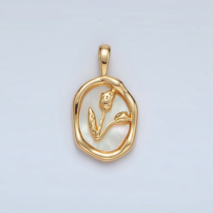 24K Gold Filled Tulip Flower Shell Pearl Molten Stamped Oval Pendant | AA1515