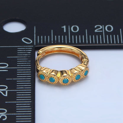 24K Gold Filled Turquoise, Clear CZ Round Dotted Huggie Earrings | P157 P158