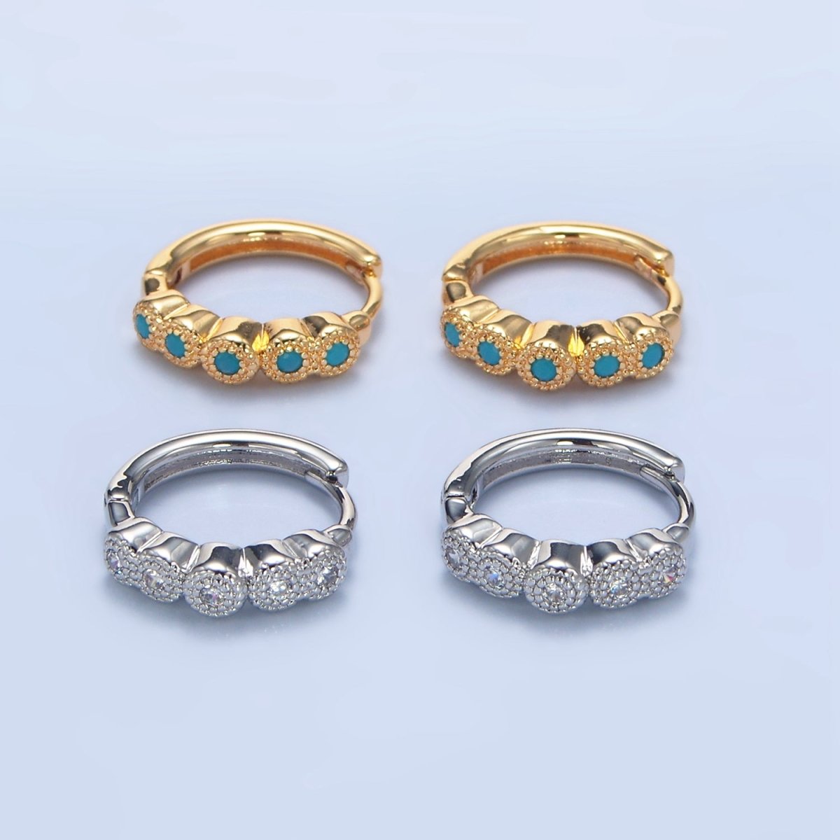 24K Gold Filled Turquoise, Clear CZ Round Dotted Huggie Earrings | P157 P158