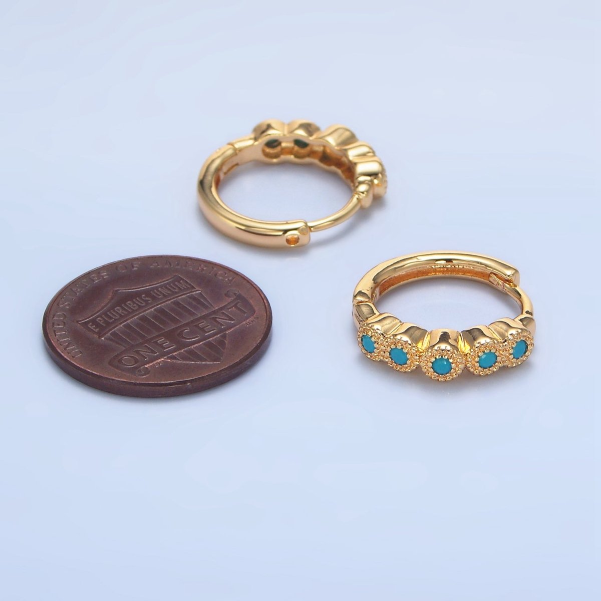 24K Gold Filled Turquoise, Clear CZ Round Dotted Huggie Earrings | P157 P158