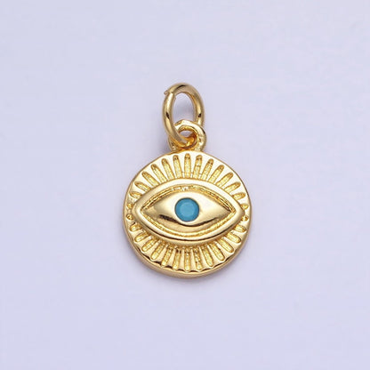 24K Gold Filled Turquoise Evil Eye Sun Bam Lined Round Charm | AC450