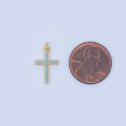24K Gold Filled 16mm Turquoise Micro Paved Religious Cross Charm | AF440
