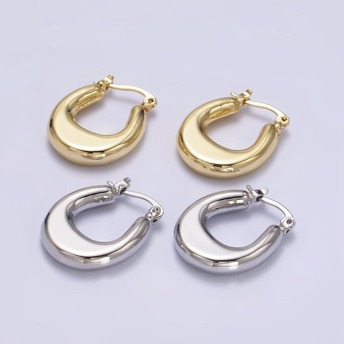 24K Gold Filled U-Shaped Edged Chubby French Lock Latch Hoop Earrings in Gold &amp; Silver | AE612 AE613