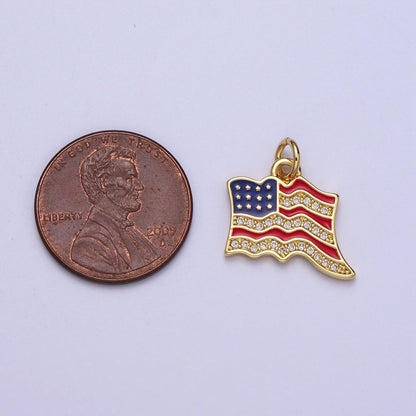 24K Gold Filled USA Independence American Flag Micro Paved CZ Enamel Charm E-443