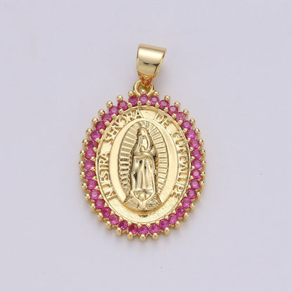 24k Gold Filled Virgin Mary Pendant Necklace Green Blue Teal Micro Pave Virgen de Guadalupe Medallion Pendant for Necklace Religious Jewelry I-841~I-843 I-845