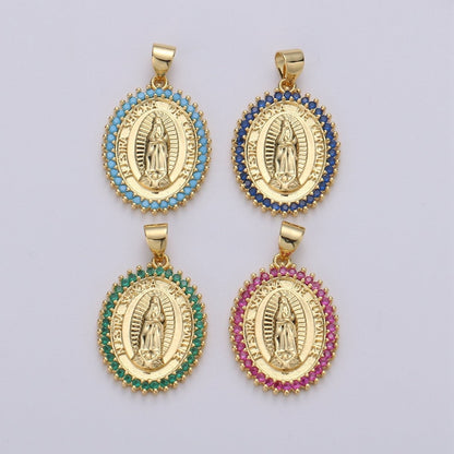 24k Gold Filled Virgin Mary Pendant Necklace Green Blue Teal Micro Pave Virgen de Guadalupe Medallion Pendant for Necklace Religious Jewelry I-841~I-843 I-845