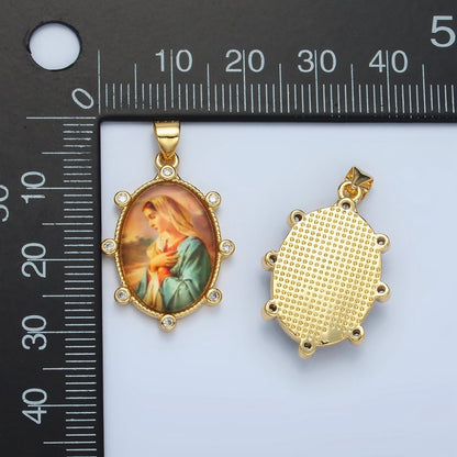 24K Gold Filled Virgin Mother Mary Cubic Zirconia Oval Religious Pendant | AA-074