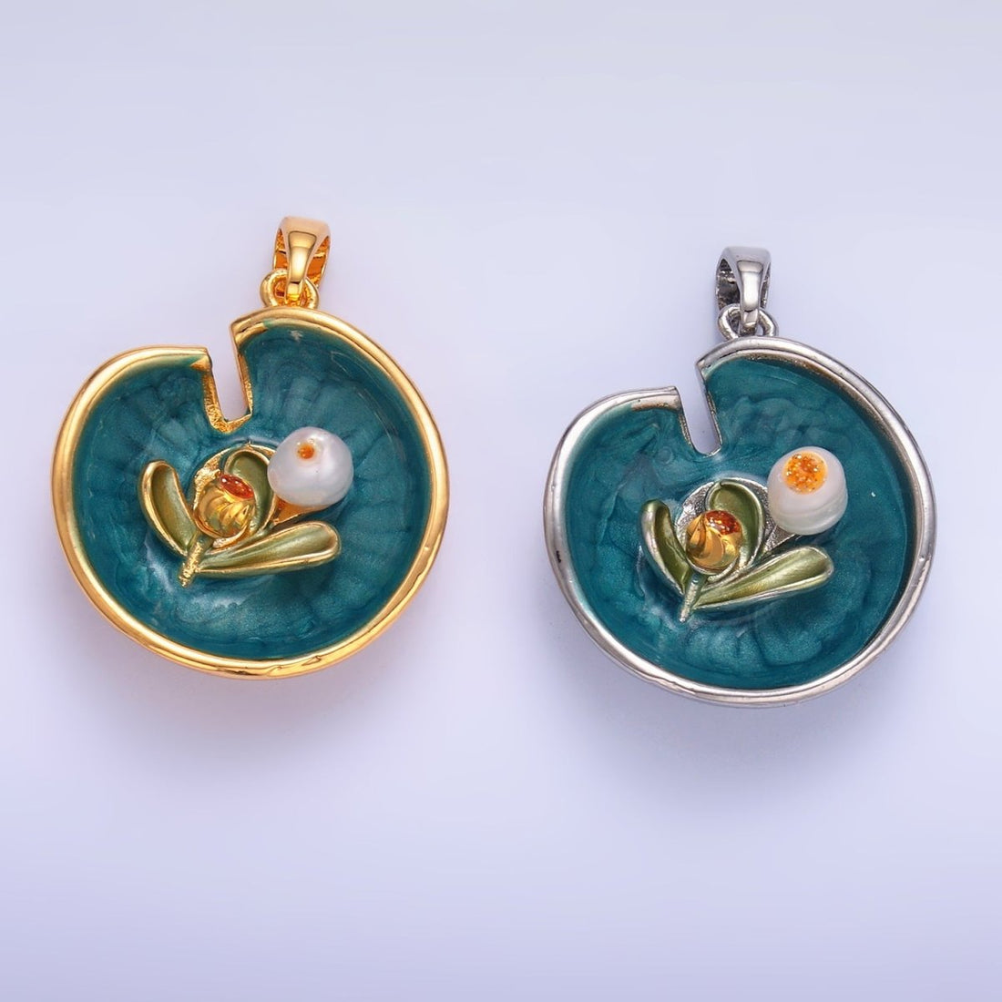 24K Gold Filled Water Lily Flower Arrangement Pearl Enamel Charm in Gold &amp; Silver | AA1424