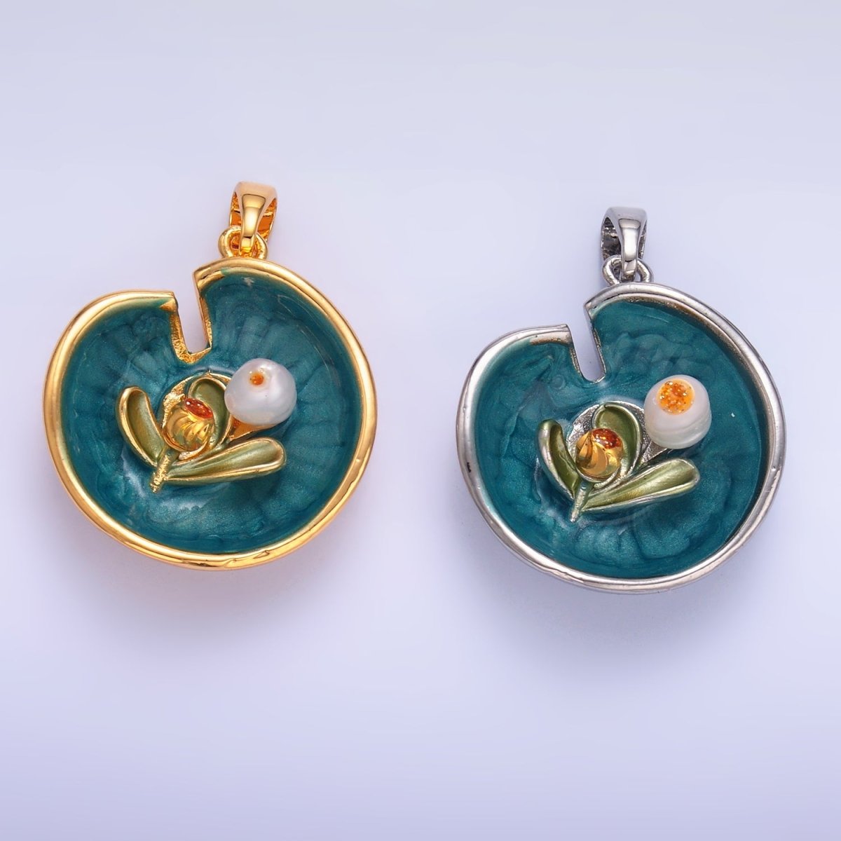 24K Gold Filled Water Lily Flower Arrangement Pearl Enamel Charm in Gold &amp; Silver | AA1424