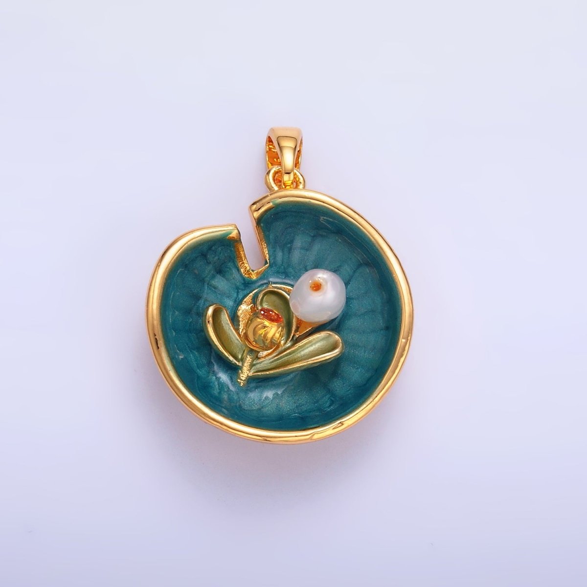 24K Gold Filled Water Lily Flower Arrangement Pearl Enamel Charm in Gold &amp; Silver | AA1424