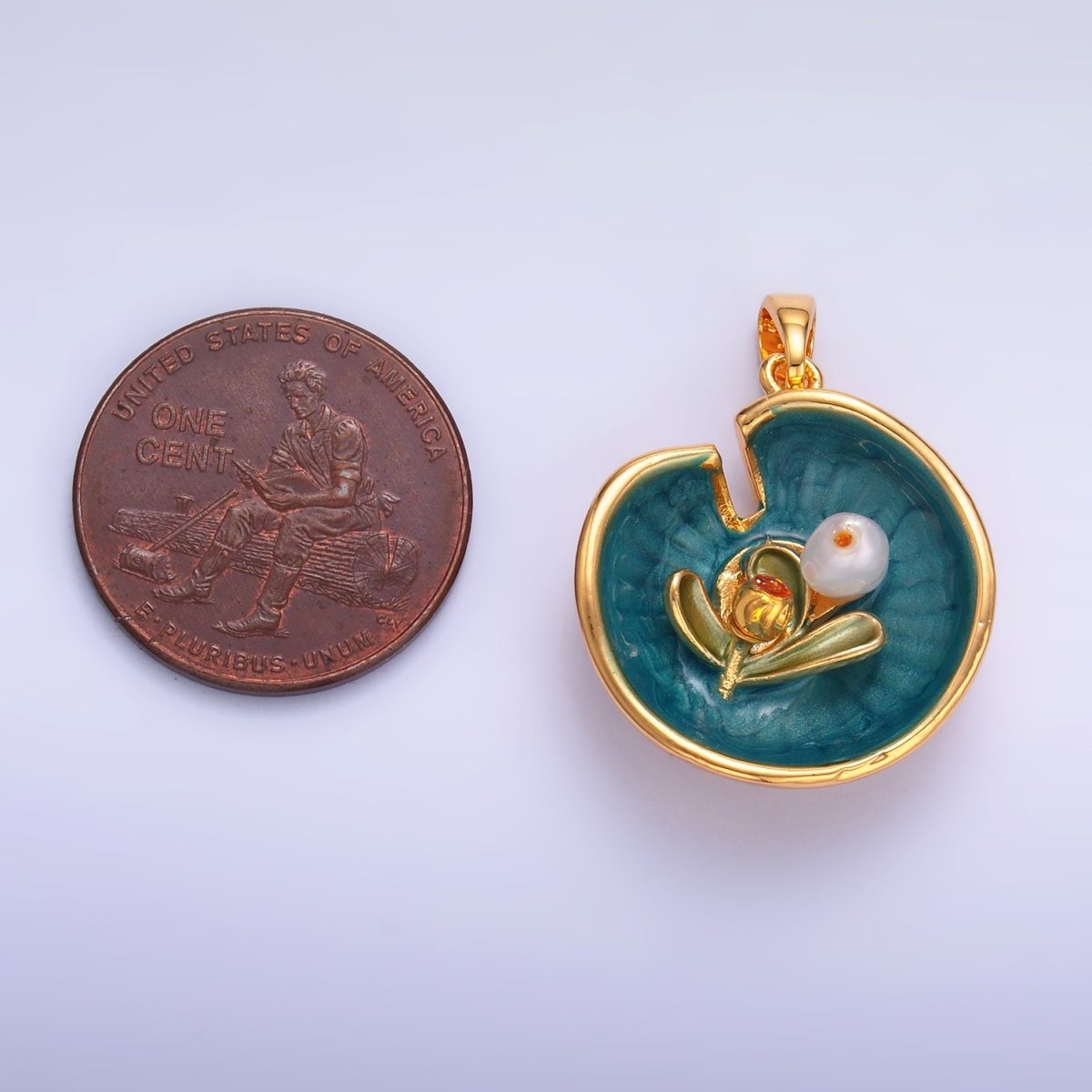 24K Gold Filled Water Lily Flower Arrangement Pearl Enamel Charm in Gold &amp; Silver | AA1424