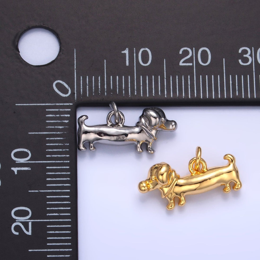 24K Gold Filled 8mm Weiner Dachshund Dog 3D Multidimensional Charm in Gold &amp; Silver | W349