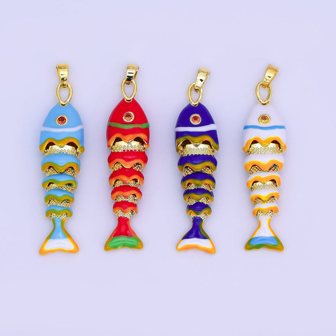24K Gold Filled White, Blue, Red Fish CZ Multidimensional 3D Pendant | AH497 AH498