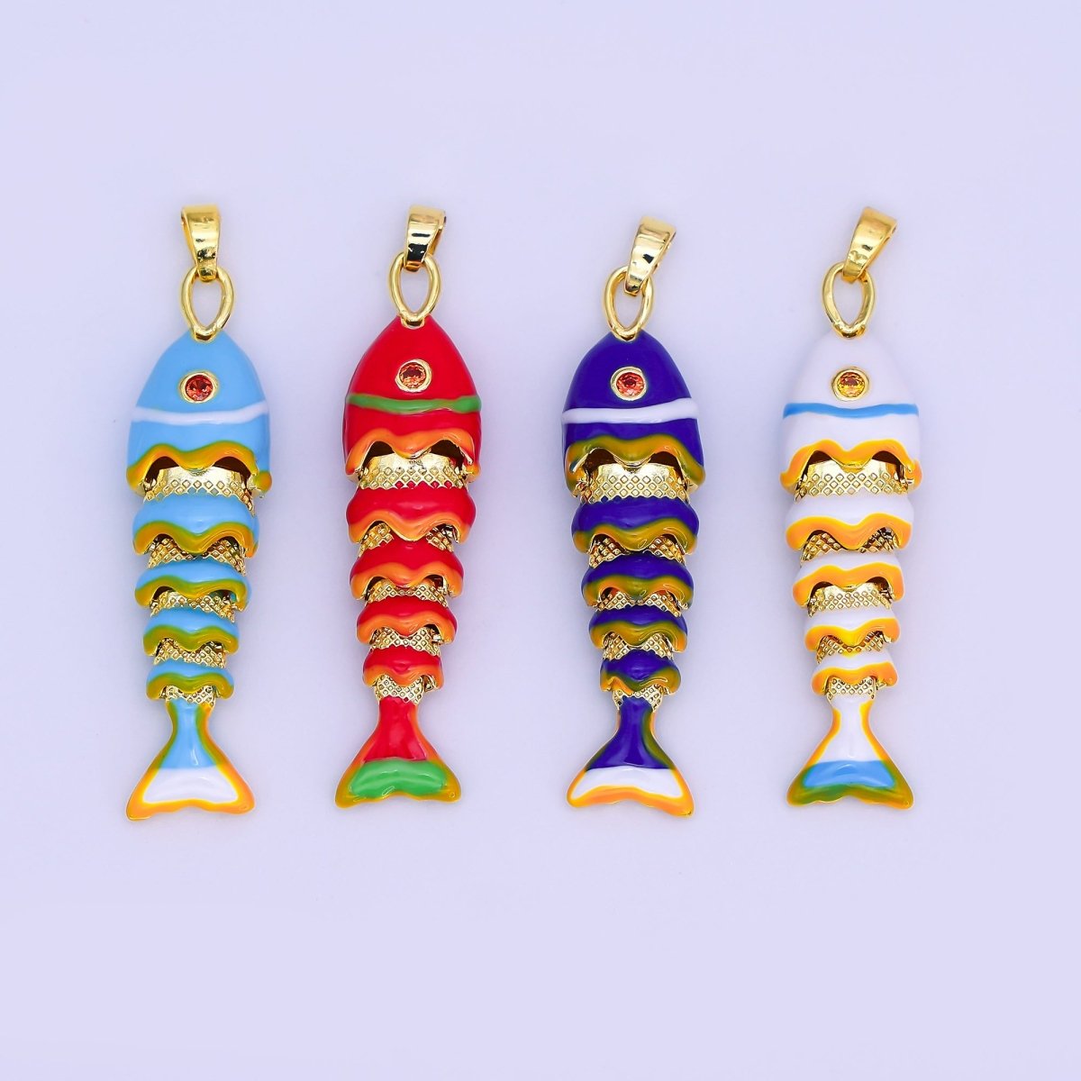 24K Gold Filled White, Blue, Red Fish CZ Multidimensional 3D Pendant | AH497 AH498