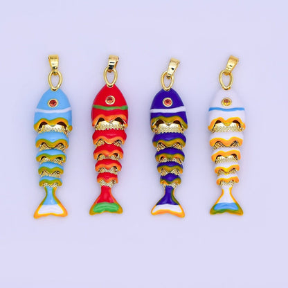 24K Gold Filled White, Blue, Red Fish CZ Multidimensional 3D Pendant | AH497 AH498