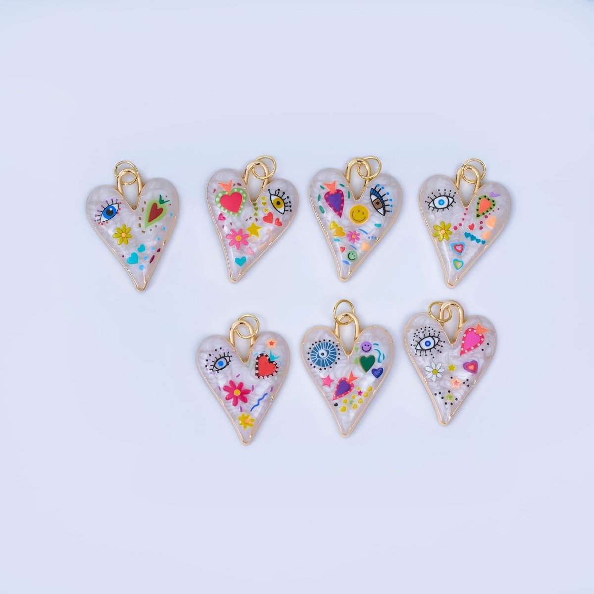 24K Gold Filled White Enamel Evil Eye Heart Padlock Pendant | AJ445 - AJ450