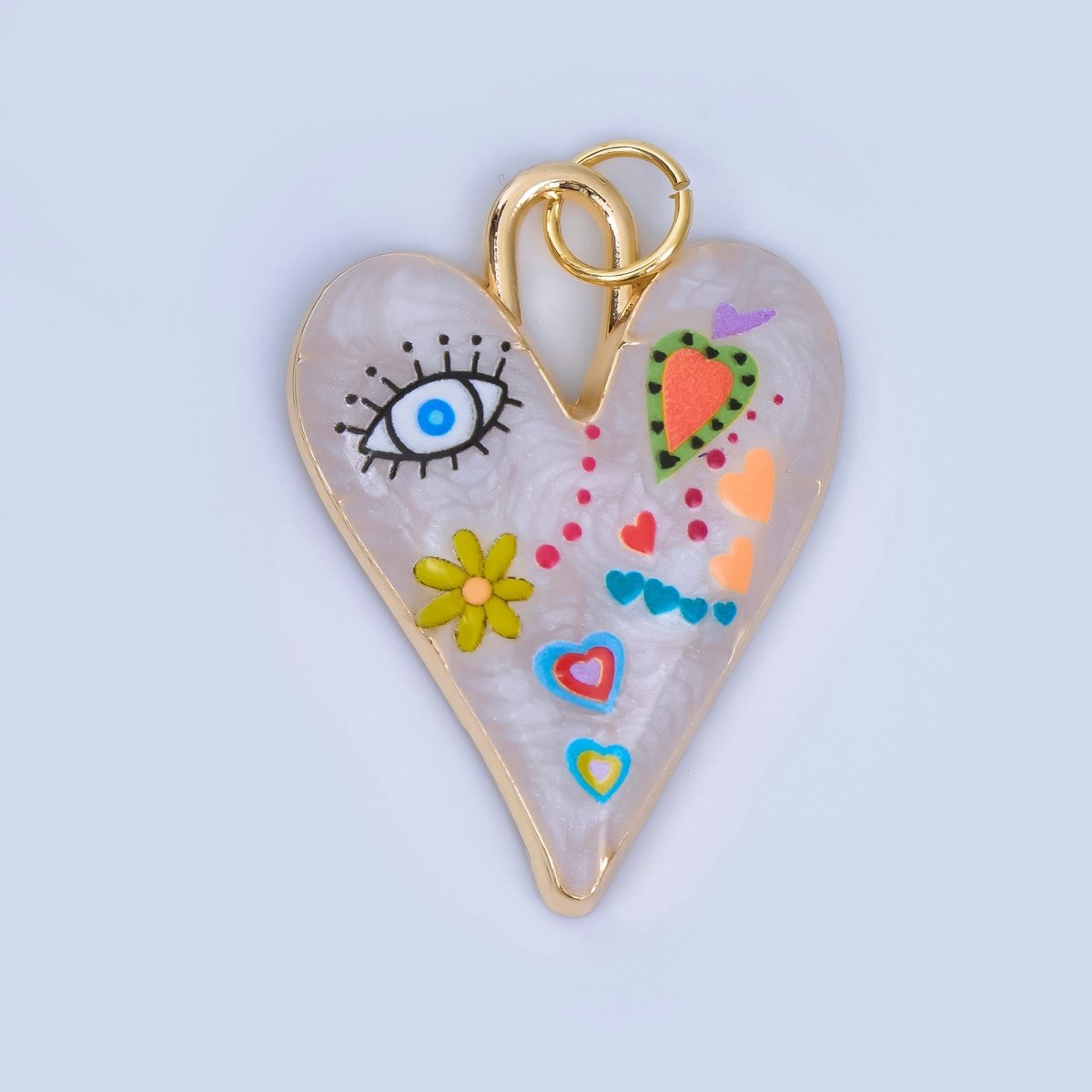 24K Gold Filled White Enamel Evil Eye Heart Padlock Pendant | AJ445 - AJ450