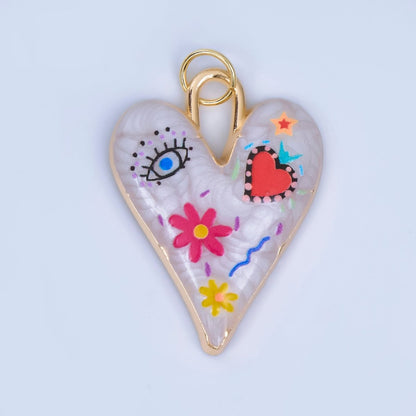 24K Gold Filled White Enamel Evil Eye Heart Padlock Pendant | AJ445 - AJ450