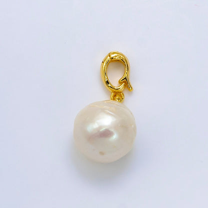 24K Gold Filled White Freshwater Pearl Button Round Snap Latch Bail Pendant | P1909