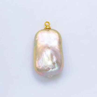 24K Gold Filled White Iridescent Rectangle Biwa Freshwater Pearl Charm | P1907