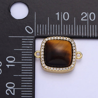 24K Gold Filled White Moonstone, Rose Quartz, Blue Agate, Tiger Eye, Amethyst, Onyx Micro Paved CZ Square Connector | Y-803~Y-806